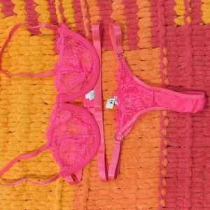 Neon Pink Floral Lace Lingerie Set